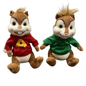 2 total Alvin the Chipmunk Plush Toys in Red and Green Hoodies